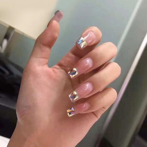 

false nails nail art long fake fancy diamond ballet tips press on with glue coffin stick display full cover artificial designs, Red;gold