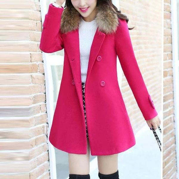 

women's wool & blends 2021 coat women plus size autumn winter fashion elegant solid lapel fur collar detachable cashmere woolen, Black