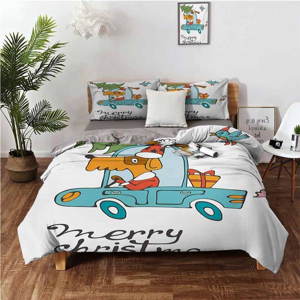

blue vintage car dog driving with santa costume cute bird tree and gift presentbedding 3-piece set