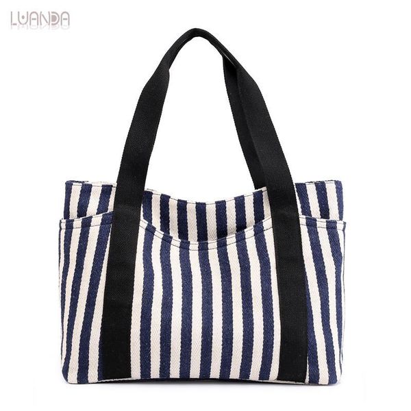 

women's handbag fashion brand large pocket casual totes shoulder bags canvas large capacity stripe bags for women