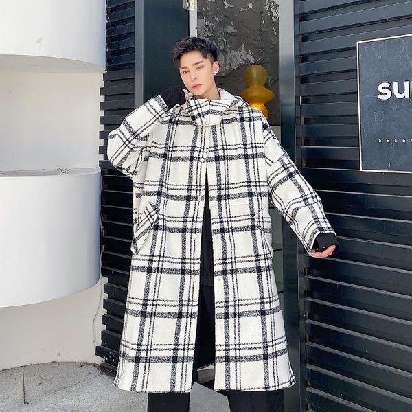 

men's wool & blends male women vintage plaid jacket cardigan overcoat men autumn winter loose casual long woolen hooded trench coat out, Black