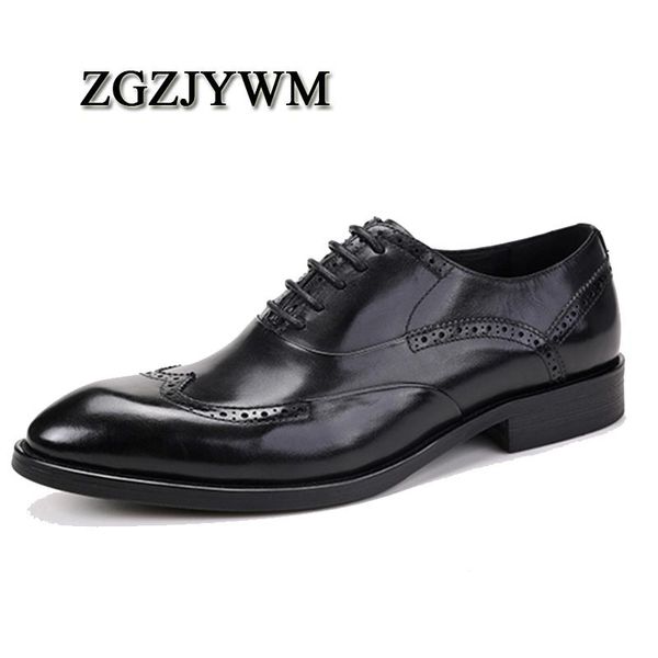 

zgzjywm fashion size37-44 business formal lace-up pointed toe genuine leather carved flat dress wedding man shoes, Black
