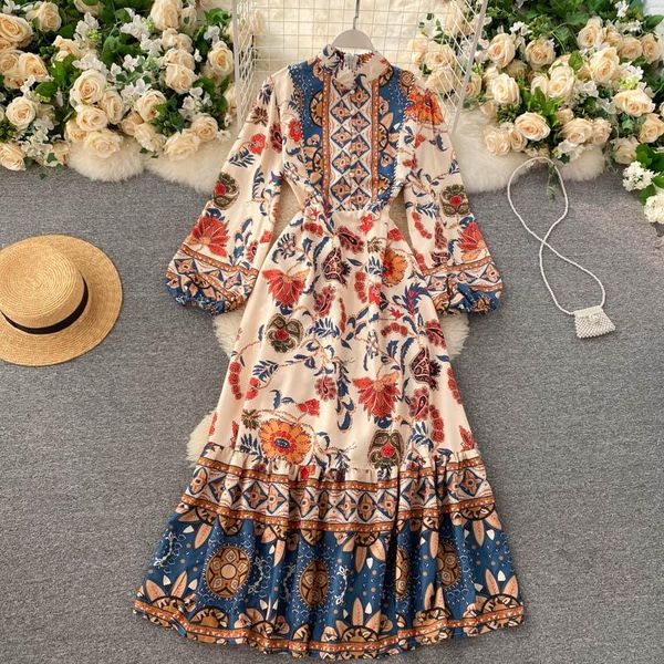 

bohemian retro print maxi dress women stand collar puff sleeve a-line dress autumn fashion national trench streetwear long robe, Black;gray