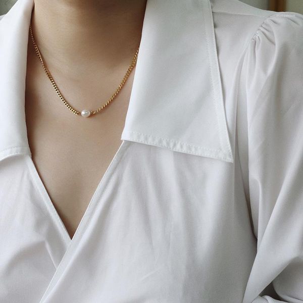 

chains titanium with 18k gold real natural pearl necklace wowen stainess steel jewelry party designer t show runway gown japan korean1, Silver