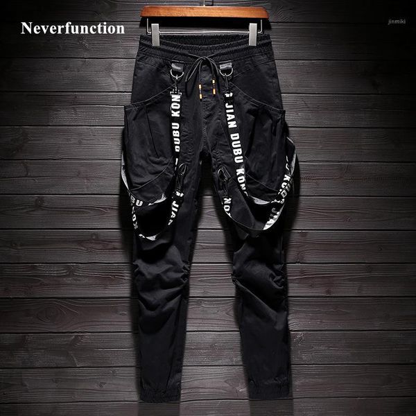 

2020 new men hip hop multi-pocket casual joggers pants elastic waist slim fit personalized ribbon streetwear male sweatpants1, Black