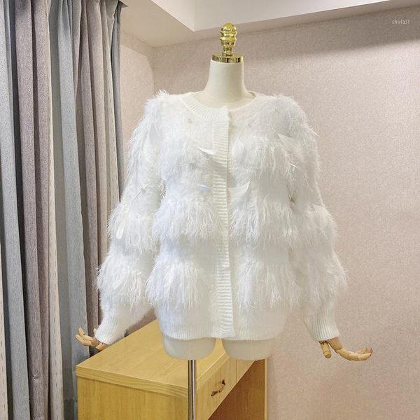 

superaen solid imitation tassel pearl feather cardigan knitted coat women's all match sweater1, Black;brown