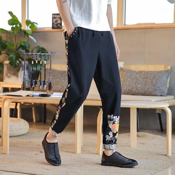 

chinese style retro men pants brand new loose plus size harem pant casual embroidery mens joggers autumn trouser men1, Black