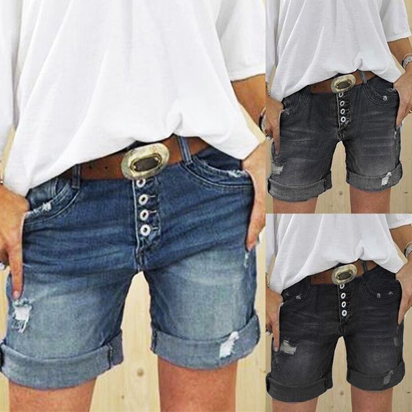 

ripped jeans women casual short trousers summer bottoms pocket ladies denim shorts button decoration durable black 2020#47, White;black