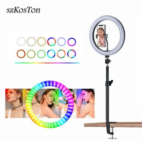 

flash heads rgb ring light selfie lamp dimmable video lights with stretchable bracket phone clip holder stand live pography lighting kits1