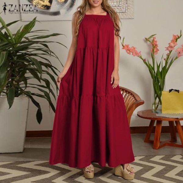 

women's fashion summer maxi dress zanzea ruffle sundress female solid tank vestidos casual sleeveless robe femme oversized 5xl, Black;gray