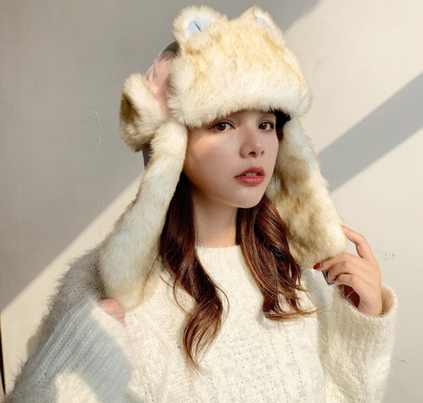 

explosive women's fall/winter outdoor lei feng hat korean cartoon ear caps to keep warm tide plane hat cat ear ski hat, Black;white