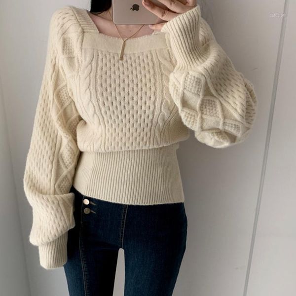 

twisted knitted sweater pullovers square collar long sleeve loose knitwear jumpers slim korean vintage thick autumn winter x6301, White;black