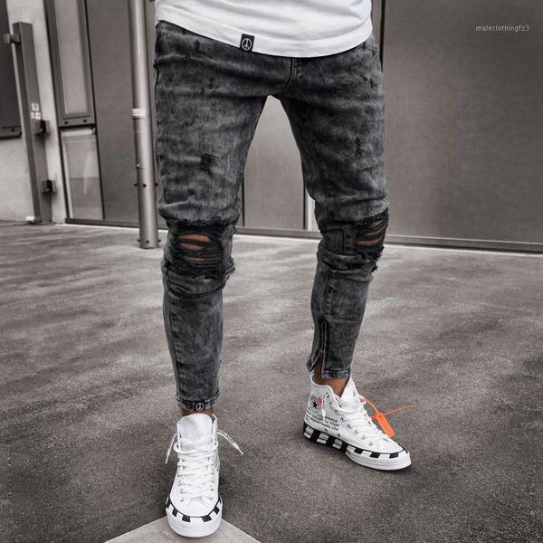 

men's jeans mens snow grey spark draped washed long pencil pants fashion elastic knee holes zipper jeans1, Blue