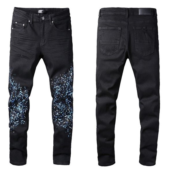 Мужские джинсы Высококачественные джинсы Состаренные мотоциклетные байкерские джинсы Граффити с рваными дырками Джинсовые брюки с буквенным принтом