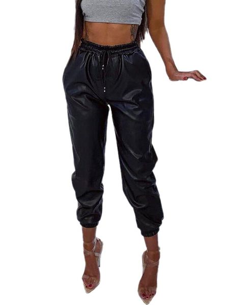 

women's pants & capris women faux leather high waist jogging bottoms ladies casual cargo joggers streetwear trousers female sweatpants, Black;white