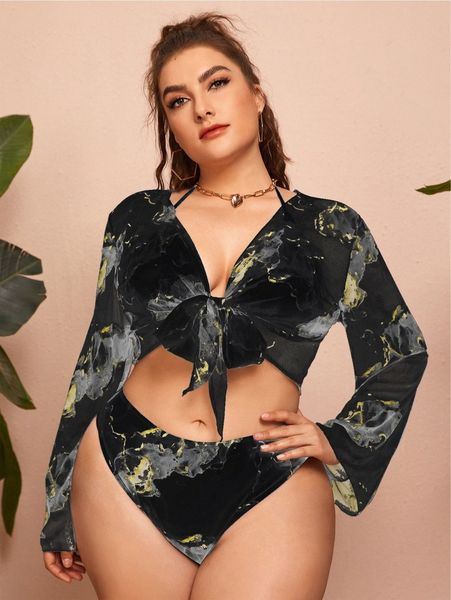 

3pack plus water color halter bikini swimsuit & kimono n1fp#, Black