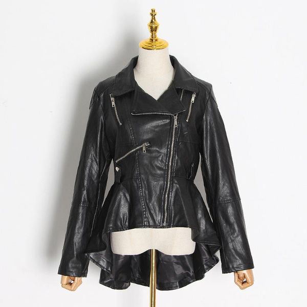 

women's jackets vintage pu leather jacket for women notched long sleeve irregular hem ruched streetwear female coat 2021 spring fashion, Black;brown