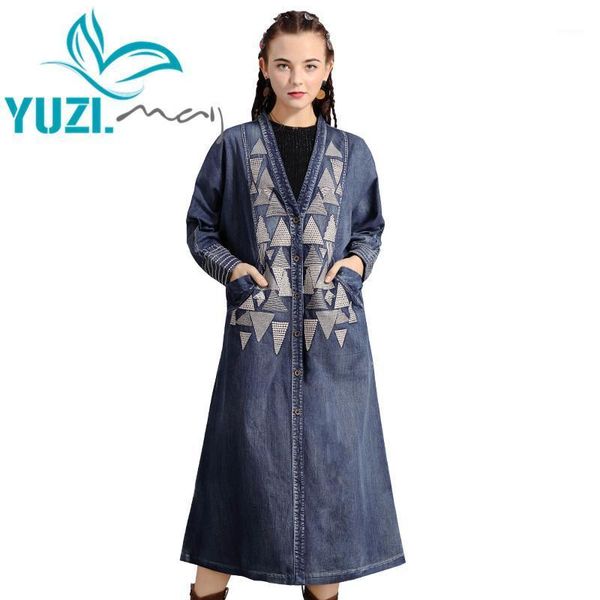 

trench coat 2020 yuzi.may boho new denim women coats v-neck long sleeve single breasted vintage embroidery casaco feminino b92881, Tan;black