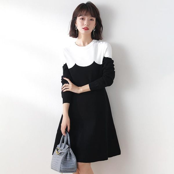 

black white patchwork sweater dress women long sleeve o-neck knitted dress knee-length office lady cashmere party x3971, Black;gray