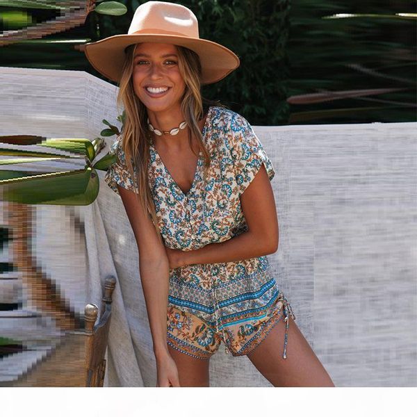 

women floral print playsuit summer new v-neck botton bohemian beach holiday jumpsuits rompers lace-up waist side ruched shorts jumpsuit, Black;white