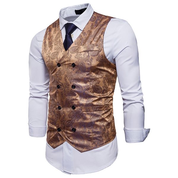 

brand new wedding men's double breasted suit fashion paisley floral print men vest waistcoat slim fit colete masculino, Black;white