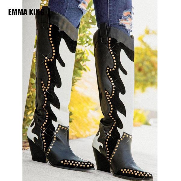 

emma king fashion knee high boot women patchwork rivet long booties lady winter pointed toe high heel shoes 2020 new, Black