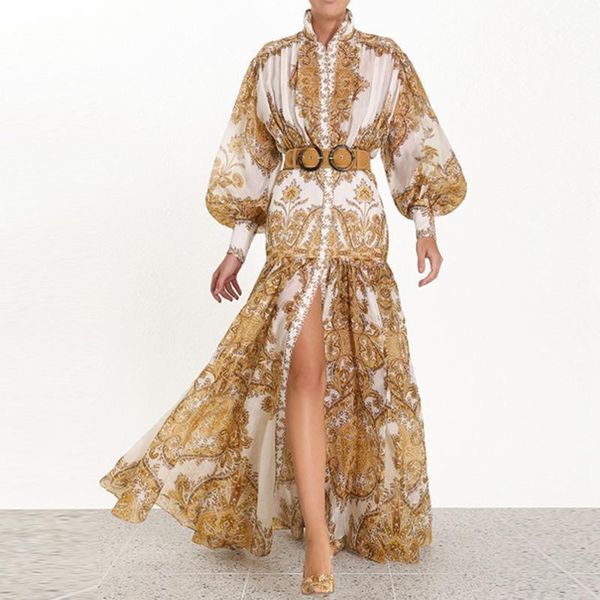 

banulin 2020 runway designer woman maxi dress high waist puff sleeve sashes gold floral print single breasted split long dress1, Black;gray