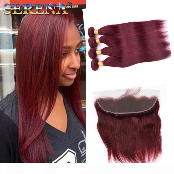 

serena hair products brazilian hair weave bundles 99j red straight human hair weave extensions 5pcs lot red straighteners with 13x4 frontal, Black;brown