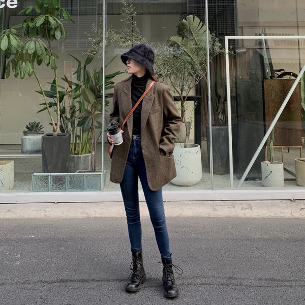 

fashion autumn women stripe woolen blazers and jackets work office lady suit slim double breasted business female blazer coat 201114, White;black