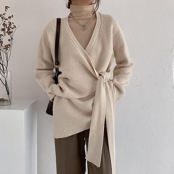 

women's knits & tees autumn woman sweaters oversized loose casual cardigans for women winter clothes bow tie sashes vintage knitted swe, White