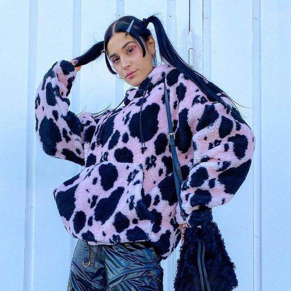 

oversiezed faux fur coats and jackets women cow print hooded fluffy jacket autumn winter soft warm thick pullover outwears coat1, Black