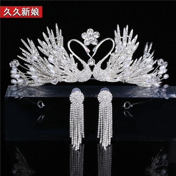 

crown headdress bride jewelry 2019 new swan princess super immortal wedding dress accessories three pieces set, Silver