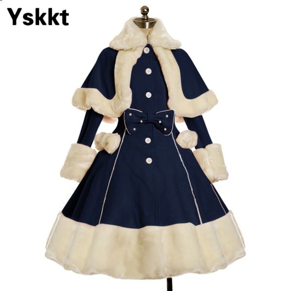 Yskkt Women Lolita Winter Coat Warm Fur Neck Bowknot Dress Jacket Fashion Sweet Princess Breasted Overcoat Costume di Halloween 201210