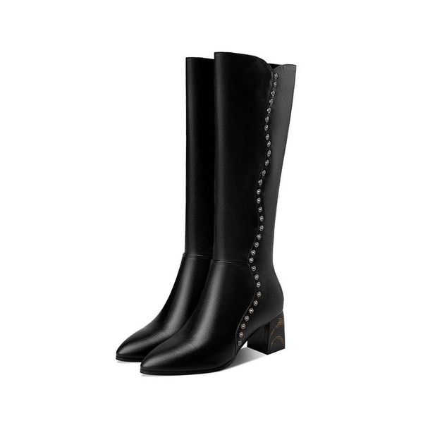 

boots elegant rhinestone shoes woman genuine leather knee high with heels 2021 autumn winter wedding slim long, Black