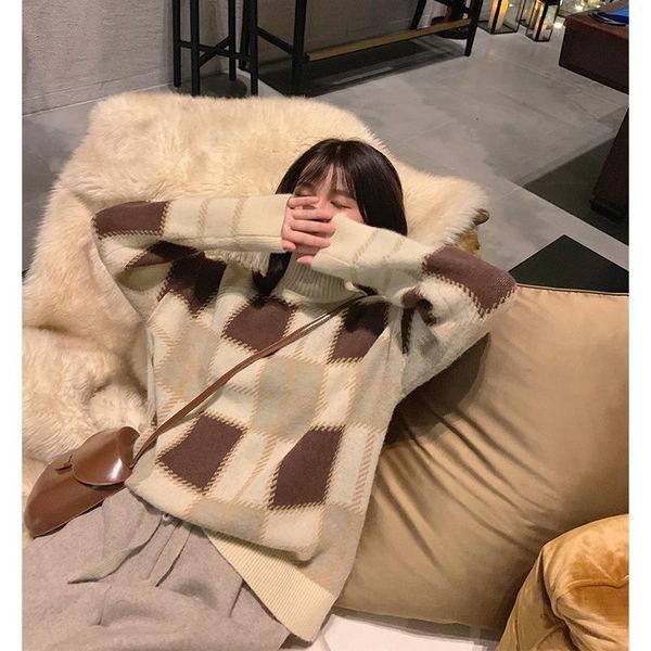 

mishow winter vintage knit turtleneck sweater women loose plaid patchwork warm pullover sweater mx19d5637 drop shipping, White;black