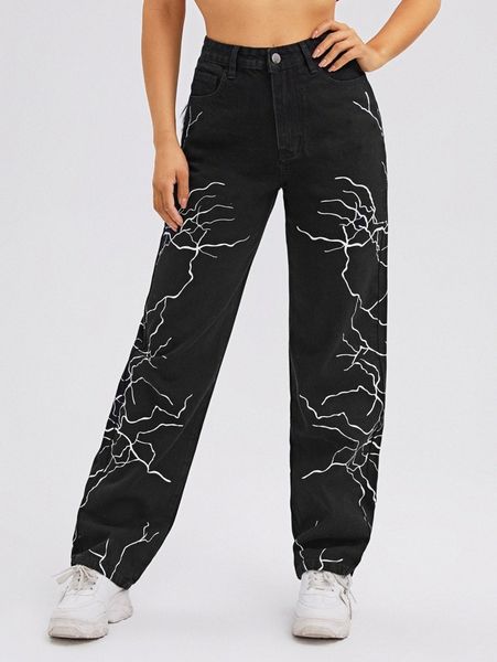 

high waist lightning print straight leg jeans y7pz#, Blue