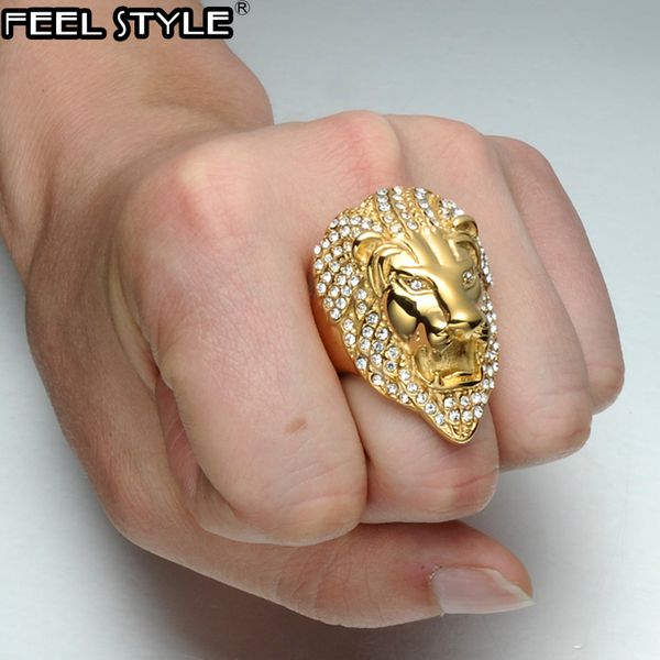 

hip hop lion head micro pave rhinestone iced out bling mens ring ip gold filled titanium stainless steel rings for men jewelry, Golden;silver