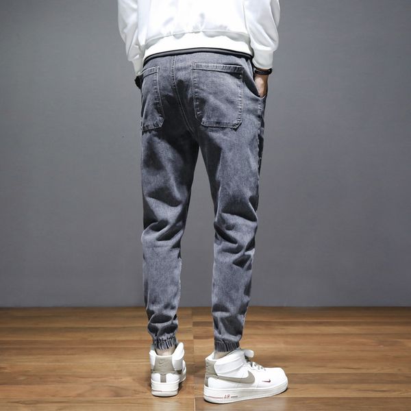 

autumn stretch elastic waist pants men's loose binding drawstring print legged harlan jeans, Blue