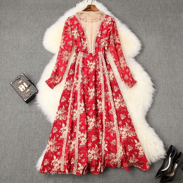 

ymszs 2020 spring women's chiffon drill lace patchwork printed lantern dresslace dress sleeve new skirt dresslong dress t10578 rxxmx, Black;gray