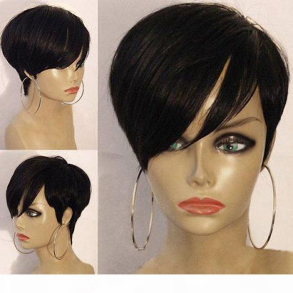 

short straight bob pixie cut human hair brazilian lace front wig with bangs for black women remy preplucked, Black;brown