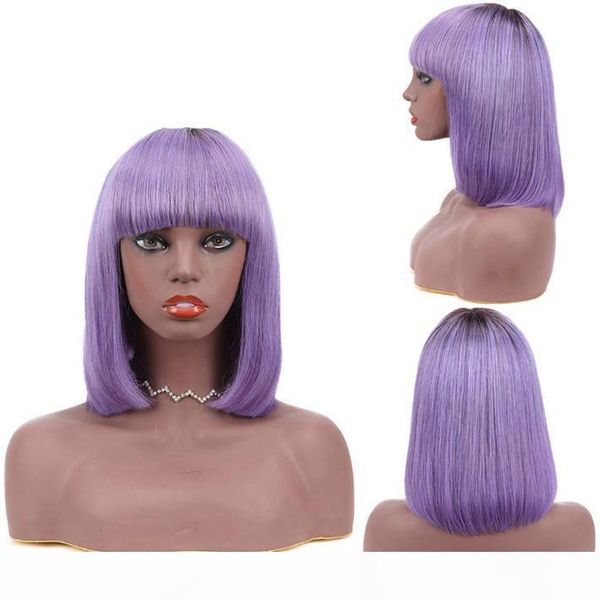 

dark roots purple bob wig pixie cut human hair raw indian remy straight glueless wigs with bangs for black women purple ombre short wig, Black;brown