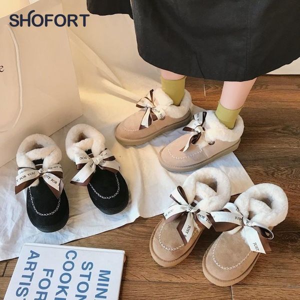 

shofort short plush warm snow boots 2020 fashion cross-tied butterfly-knot winter ankle boots women all-match cotton shoes woman, Black