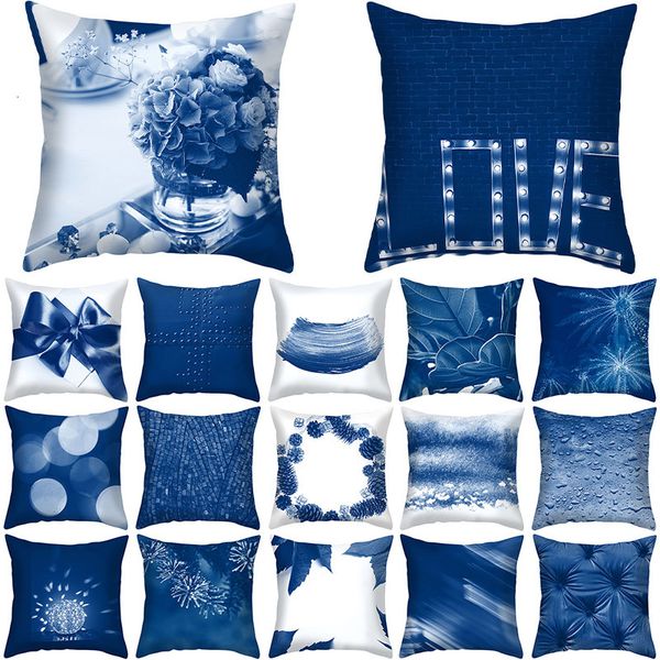 

1pcs blue pattern cushion polyester 43*43cm pillowcase cojines decorativos para home bedroom sofa decor pillow cover 40899
