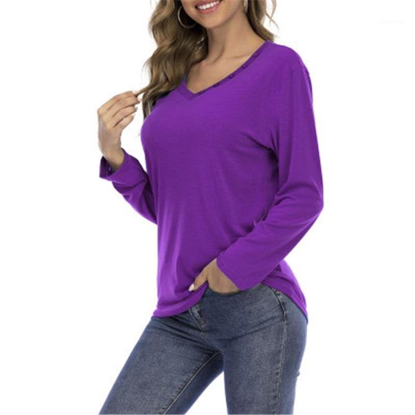 

v neck buttons long sleeve sports tees clothing spring female plus size casual loose tshirts women solid colors t-shirts fashion trend, White