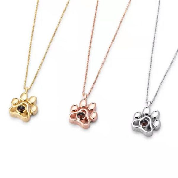 

chokers lovely cat dog paws 100 languages i love you projection pendant necklaces footprints choker chain cute pet animal memory jewelry, Golden;silver