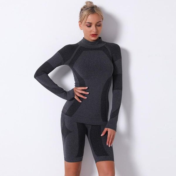 

yoga outfits seamless fitness suit 2021 active wear women long sleeve shorts sports kit work out clothing knit gym set, White;red