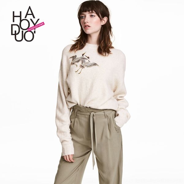 

xzitw haoduoyi embroidered fashion simple casual solid embroidered crane embroidery knitted sweater color knitwear haoduoyi knitwear hot, White;black