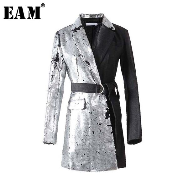 

[eam] 2020 new spring lapel long sleeve half side sequins stitch loose buckle belt jacket women coat fashion tide ji994 y200101, Black;brown