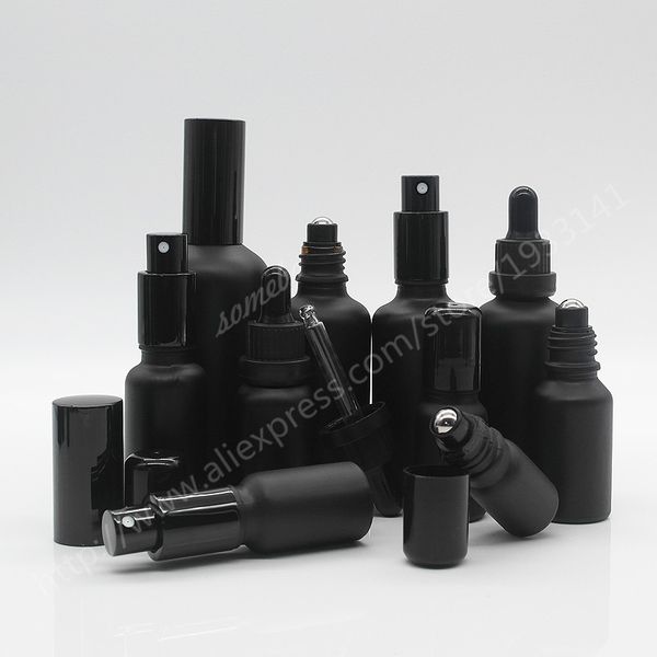 Flacone contagocce in vetro nero satinato da 5 ml, 10 ml, 15 ml, 20 ml, 30 ml, 50 ml, 100 ml, flacone in vetro con roll on, flacone spruzzatore in vetro nero opaco 201013