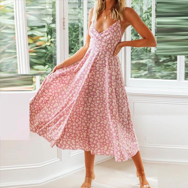 

38# dress for ladies womens 2020 casual sleeveless floral print v neck split ruffle beach long dress new, Black;gray
